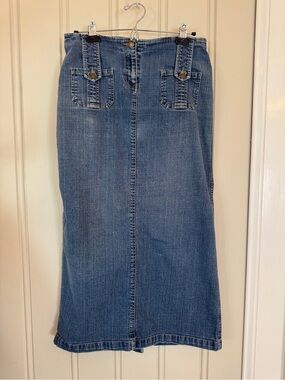 Classic Faded Glory 90s Y2K Low Rise Blue Denim Midi Skirt Size 4 Stretch